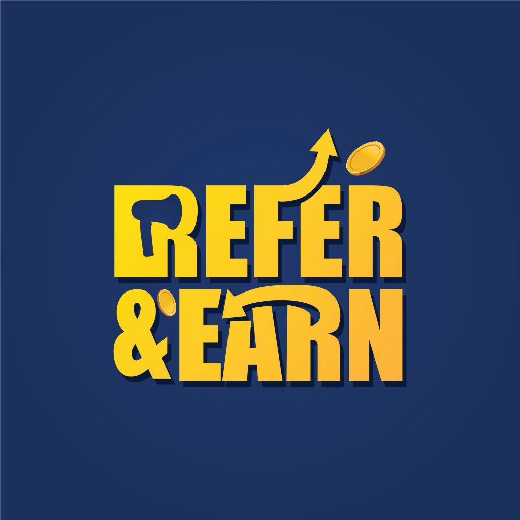 Refer and earn lettering creative logo with megaphone, arrow, and coin icon.  Referral program banner label badge. referral program vector illustration.